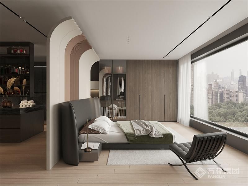 亮眼的床头背景墙，功能和设计感双满足，并以简约风格为基础，去除所有冗杂的装饰，采用高级质感的黑白灰色调来铺设整个空间，提升空间质感。