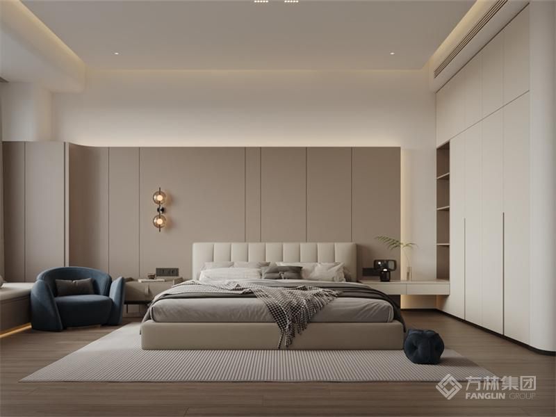 卧室通过柔软的材质、清新的配色、让空间的视觉效果显得温馨舒适，弧形墙角墙角设计弱化视线，增加空间空间连贯性，窗边飘窗设计储物功能增加的同时更增加一份惬意