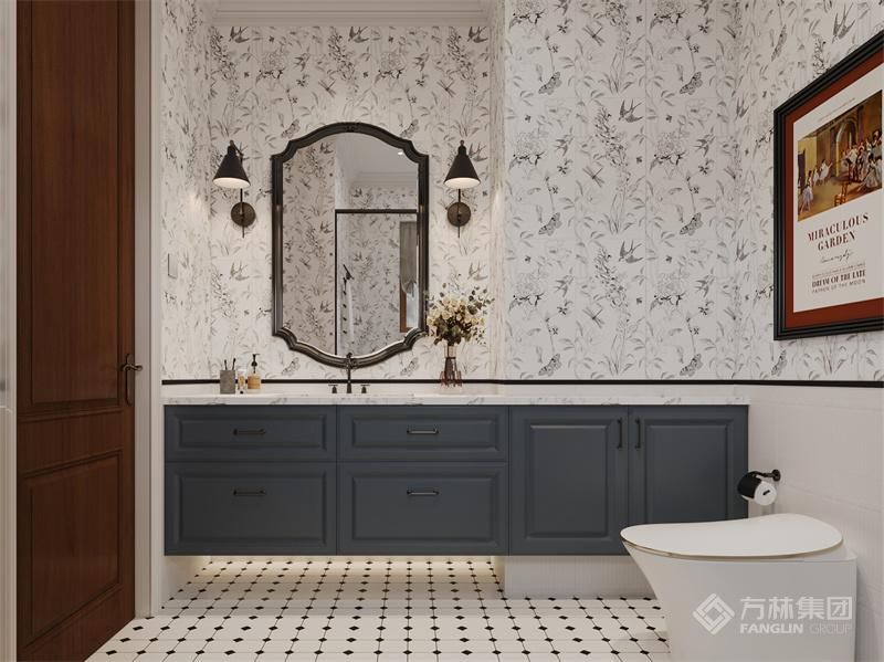 卫生间白色碎花墙砖和黑白搭配的地砖，增加空间亮度和开阔感，与深色浴室柜形成对比增加视觉层次，展现沉稳与质感，整体传递处温馨、舒适和优雅的氛围。