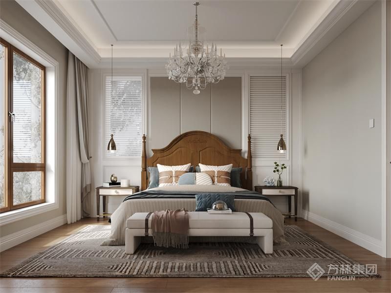 主卧白色墙面搭配深色家具形成对比，增加空间层次感，彰显美式风格简约与大气，营造出舒适、温馨、宁静的卧室氛围。