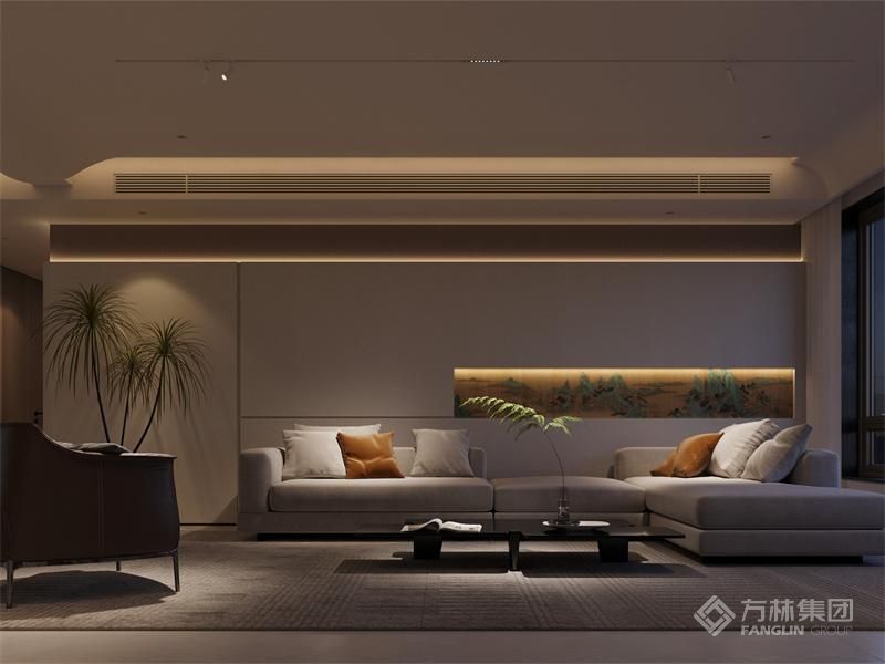 沙发背景墙扣槽加虚光的设计，营造出一种神秘而富有层次感的视觉效果，为客厅增添了独特的魅力。整体设计将现代元素与艺术美感完美融合，打造出一个充满时尚与个性的客厅空间，