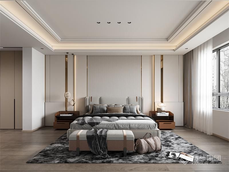 卧室空间也是延续了客厅的整体风格，搭配深色的软装给卧室一种神秘高级的感觉。
