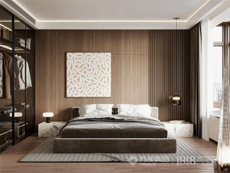 卧室采用中性色调，为空间创造了宁静和温暖的氛围，同时金属元素用来增加一些光泽和精致感，高贵的材质和精心设计的家具让卧室更具奢华感