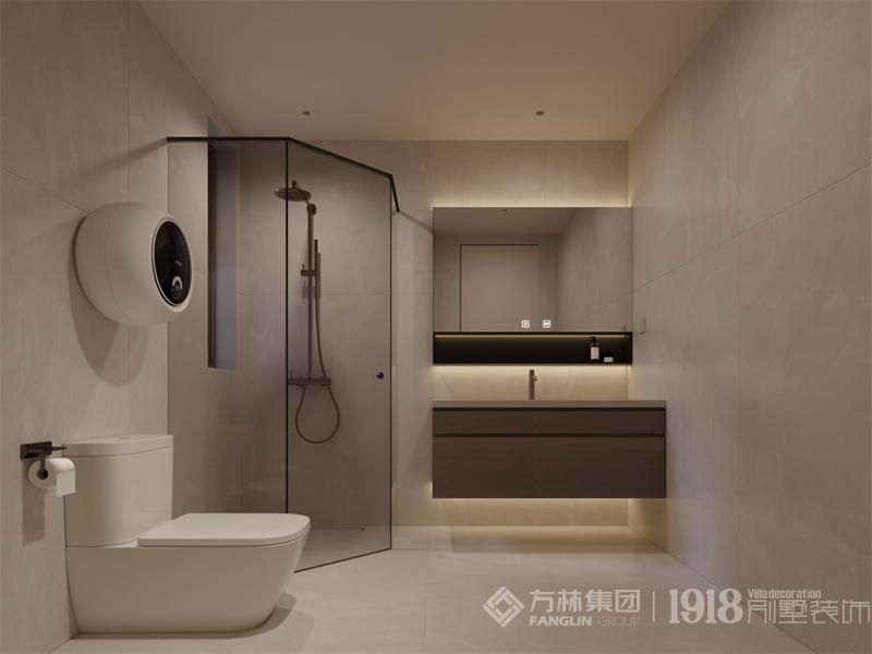 卫生间设计中，砖石浴屏不仅美观大方，还起到了很好的分隔作用，保证了淋浴时的隐私。而马桶上方的挂墙洗衣机，则充分利用了空间，使卫生间的布局更加合理