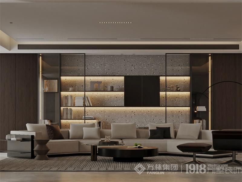 客厅采用无主灯设计，拉伸客厅空间，磁吸轨道灯与落地灯光影，搭配极简沙发相得益彰，呈现意式的优雅低调的美感。
